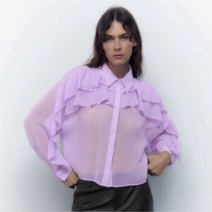 Zara Top blouse Doble Ruffle Lilac purple sheer size Xs romantic pastel